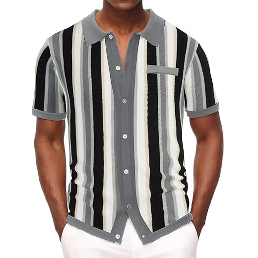 PJ PAUL JONES Mens Casual Short Sleeve Shirt Button Down Knit Stripe Polo Shirt Black M