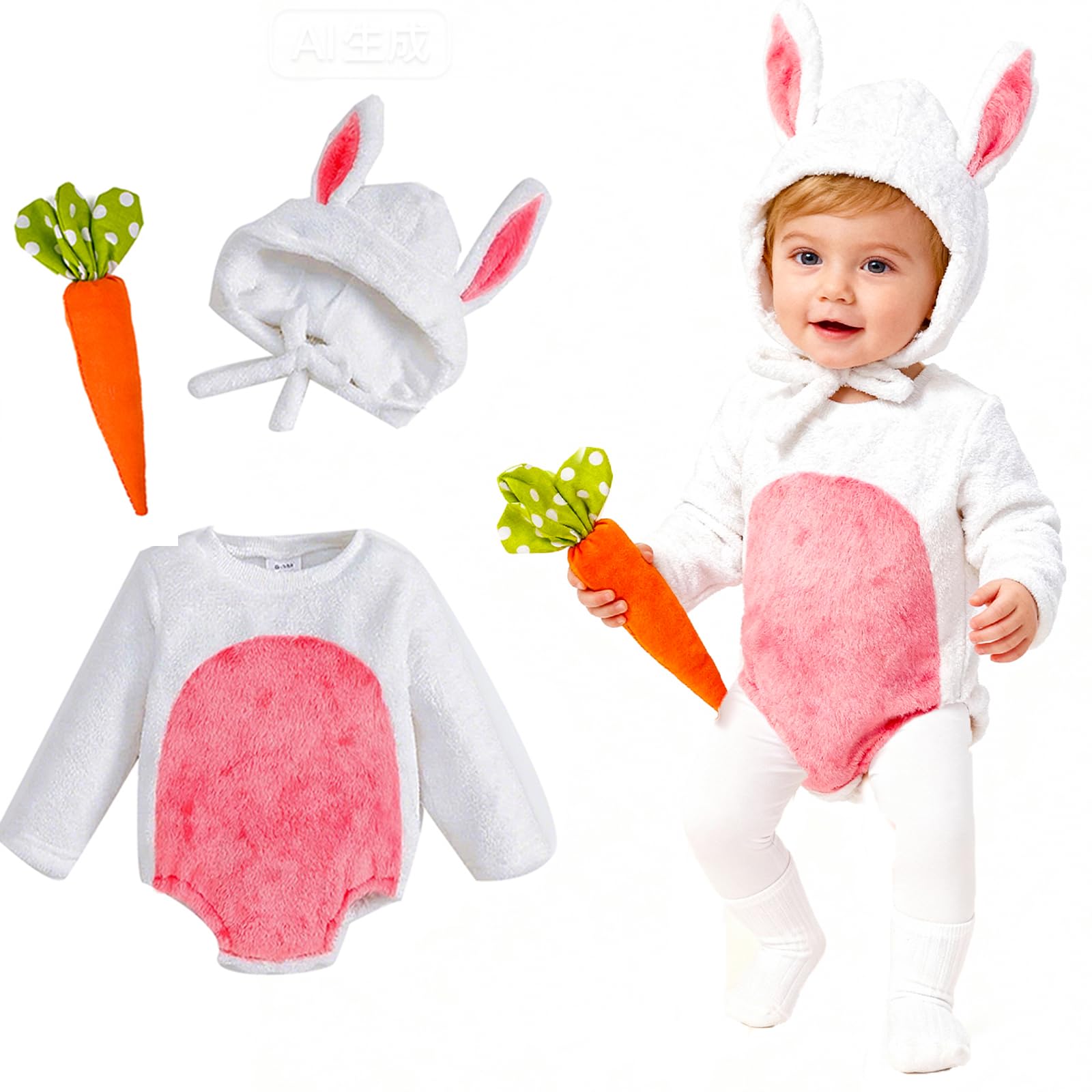 Beipegin Newborn Infant Girls Boys Bunny Costume Romper Long Sleeve Bunny Bodysuit Onesie and Rabbit Hat Carrot Toy Baby Animal Costume — image 1
