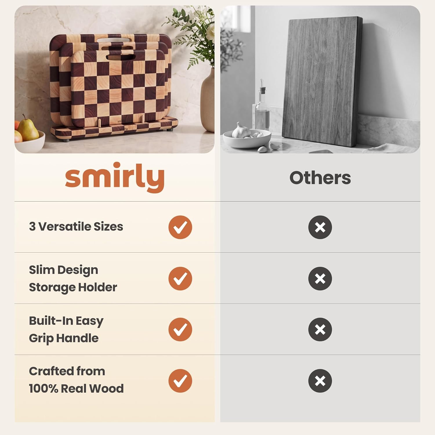 SMIRLY Wooden Cutting Boards for Kitchen, Double-Sided Cutting Board with Handle, Heavy Duty Solid Rubber Wood Cutting Board Set with Stand, 3 Pcs Cutting Boards Non Toxic for Meat Vegetable Fruit
