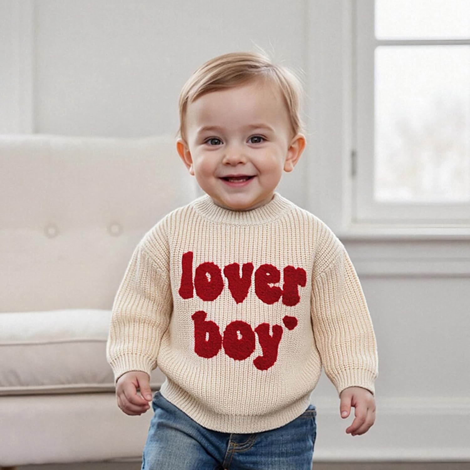 Lesimsam Toddler Baby Boy Valentine's Day Outfit Letter Embroidery Knit Sweater Long Sleeve Knitted Pullover Sweatshirt Top - Image 3
