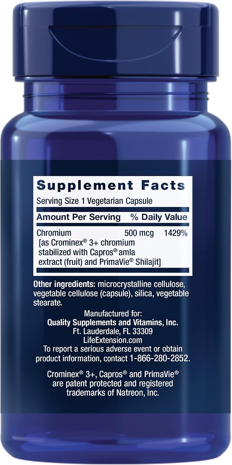 Life Extension Optimized Chromium with Crominex 3+ 500 mcg – Glucose and Cholesterol Management Supplement – Gluten-Free, Non-GMO - 60 Vegetarian Capsules