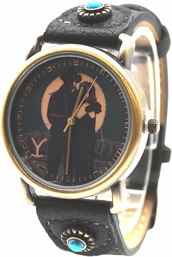 Miniatura 2 de Accutime Yellowstone The Antic Gold Reloj de pulsera analógico de cuarzo con eslabones de metal, piel sintética negra y piedra turquesa para mujer,