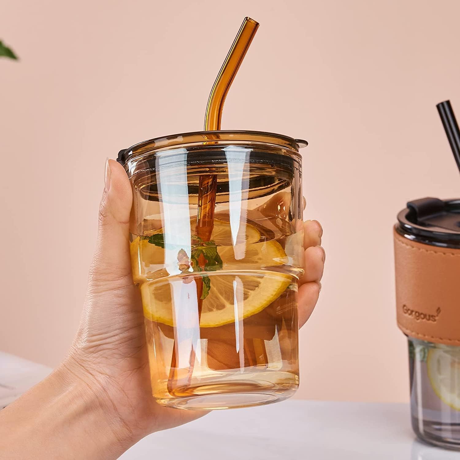 Dakshayanii Glass Tumbler with Lid, Straw and Protective Anti-Slip Leather Sleeve for Hot and Cold Beverages Tea Coffee Travel Mug Smoothies, Juice - 435ml, (Set of 4) 4