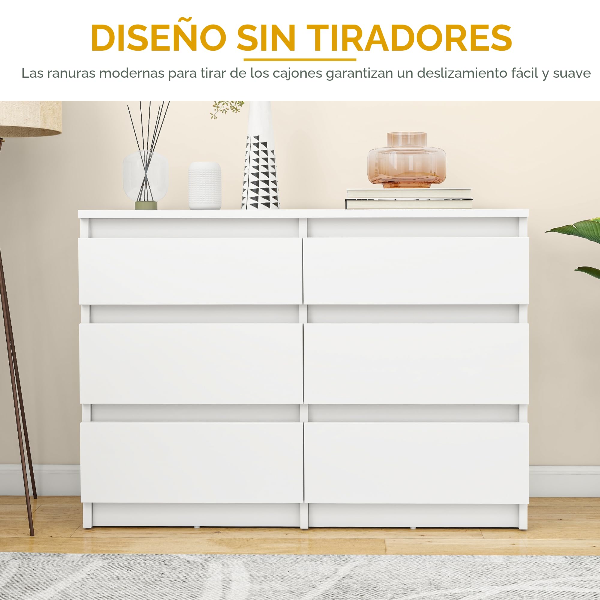YITAHOME Cómoda de madera, cómoda para dormitorio, 6 cajones con guías, muebles de dormitorio, almacenamiento para dormitorio, armario de dormitorio moderno, mesita de noche, 100 x 30 x 70 cm (blanco)