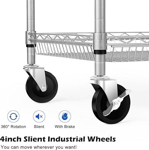 Miniatura 5 de Carrito utilitario resistente de 2 niveles, carritos rodantes NSF con ruedas, carrito de almacenamiento de capacidad de 660 libras con asa, carrito