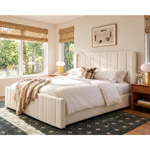 HOMBCK Full Size Bed Frame with Velvet Headboard, Tufted Wingback, White