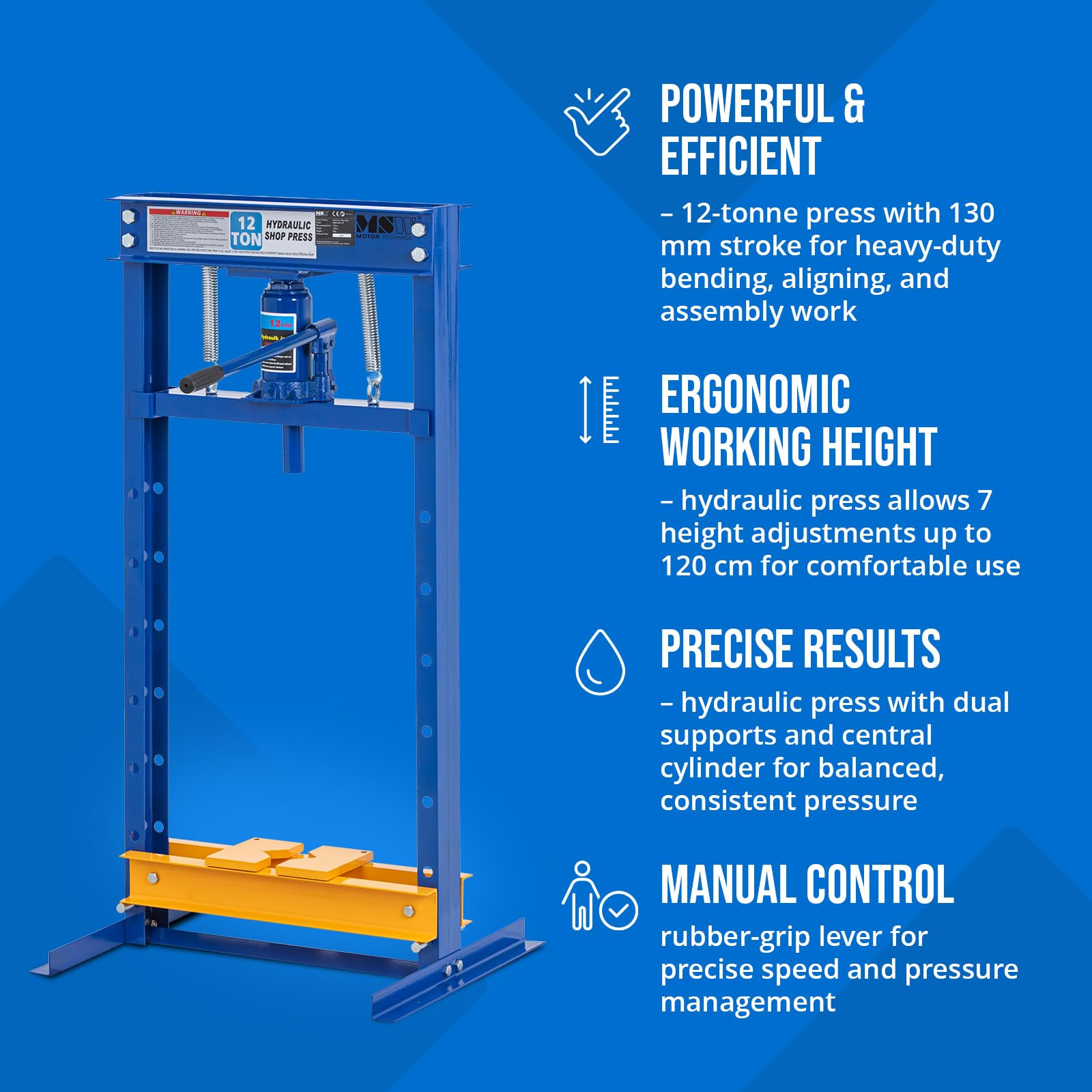 MSW - Prensa de taller de 12 t regulable en altura (7 posiciones), carrera: 130 mm, mesa: 540 x 170 mm, acero al carbono, prensa hidráulica, prensa hidráulica