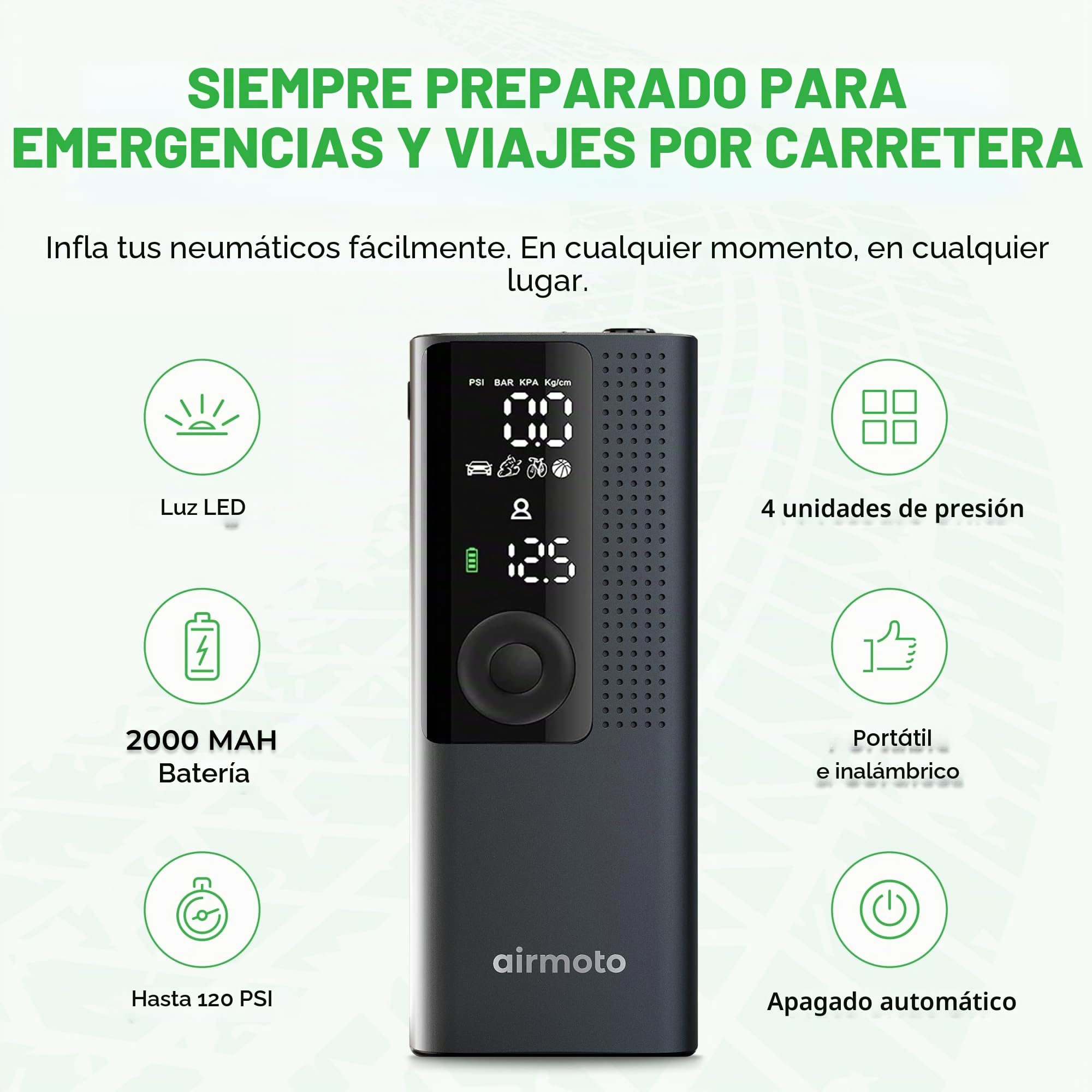 Airmoto La bomba de aire portátil original, 120 PSI compresor de aire inflador de neumáticos – se adapta a neumáticos de coche, camión y motocicleta – Medidor de presión digital, bomba compacta