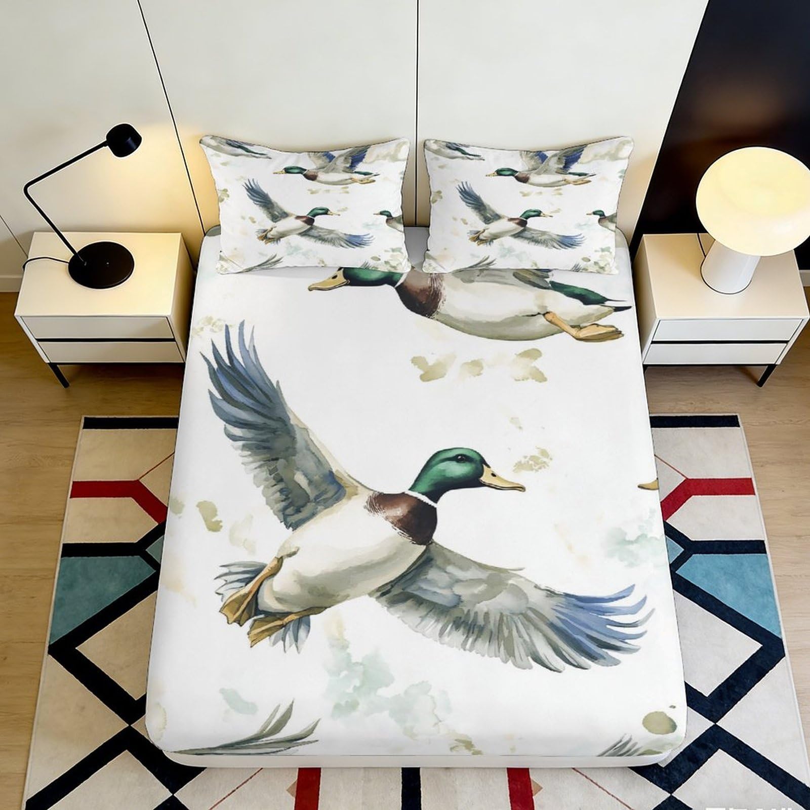3D Printed Flying Duck Fitted Sheet Microfiber Soft Anti-Slip Bedroom Decor Wild Mallard Mattress Cover 90x200x25cm