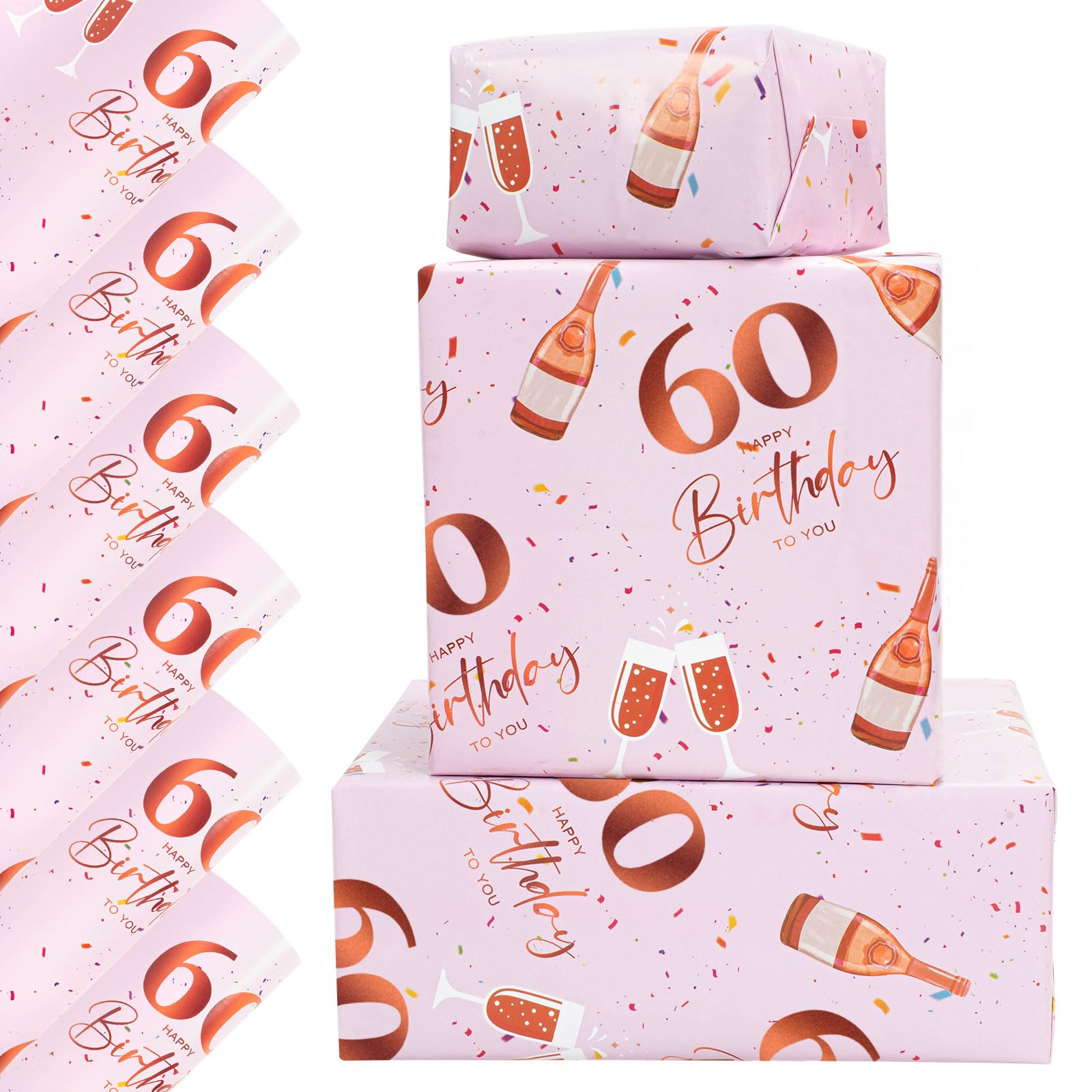 Vinuwu 6 Sheets 60th Birthday Wrapping Paper, 70x50cm Rose Gold Pink Happy Birthday Gift Wrap Paper for Women Mom, Decorations - Plastic Free & Recyclable - 60th