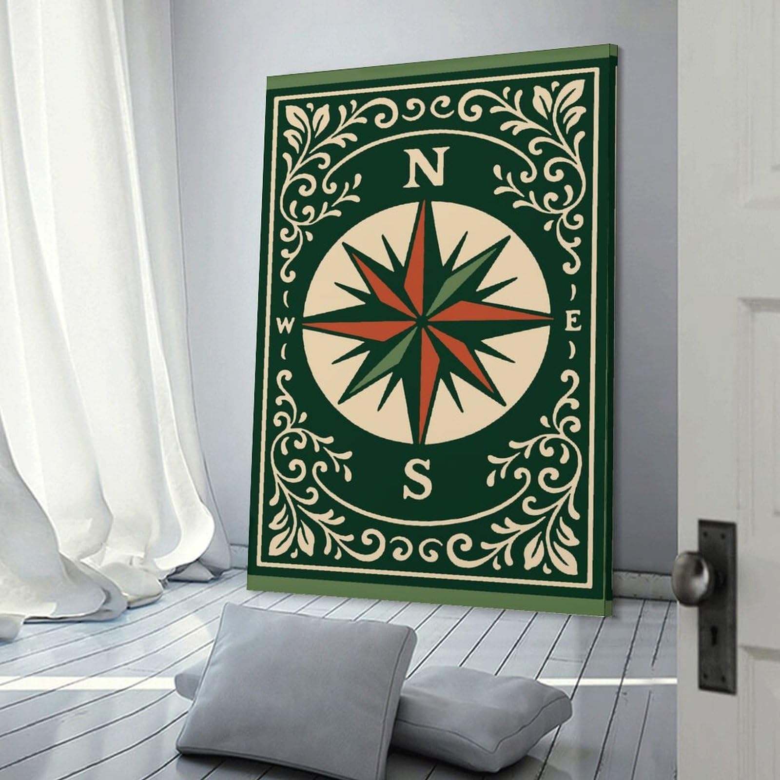 Junmoney Hanging Wall Art Vintage Compass Rose Illustration, 12x18inch(30x45cm), for Wall Displays, Bedrooms Or Room Updates, Wall Decor Suited to Curated Displays