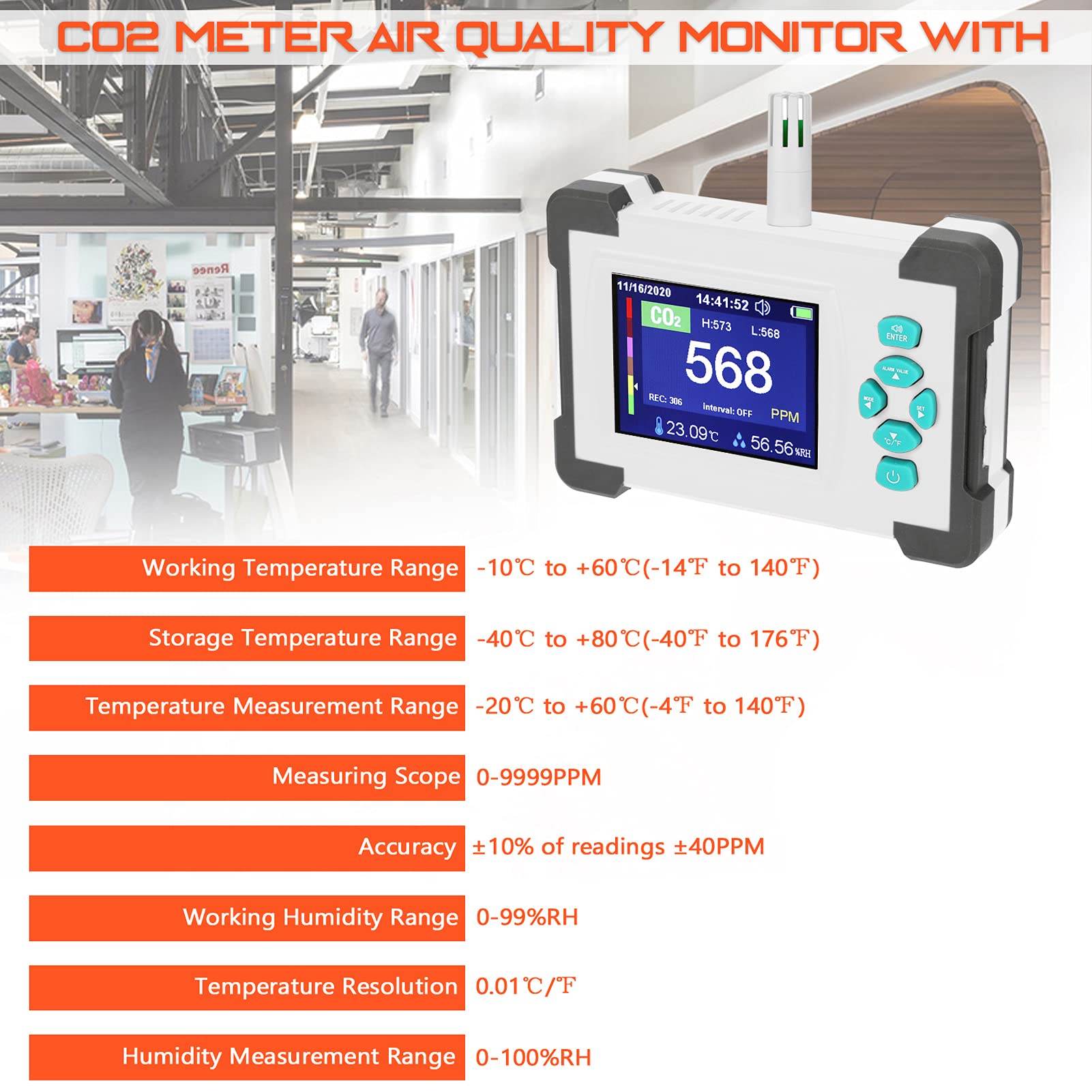 Kohlendioxid Detektor, Luftqualität Messgerät CO2 Meter Luftfeuchtigkeitstemperatur-Tester ℃ / ℉ Umschaltbarer Luftqualitätsmonitor + PDF-Exportdatenfunktion(B)