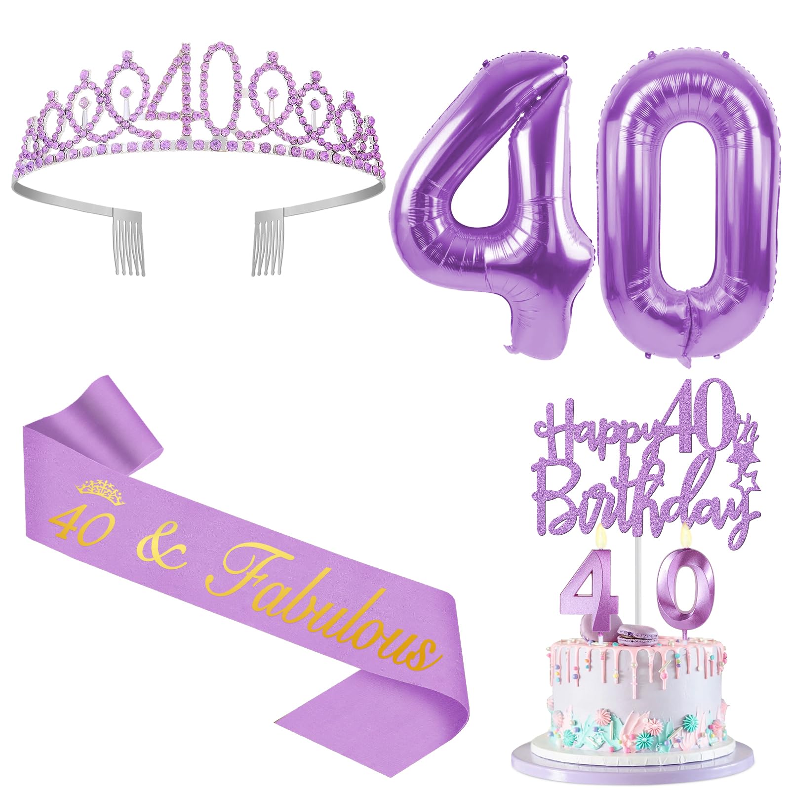 Photo 1 of 40th Birthday Decorations for Women Purple with 40th Birthday Sash and Crown, Cake Topper and Candles, Number Balloons, 40 Year Old Gifts for Women