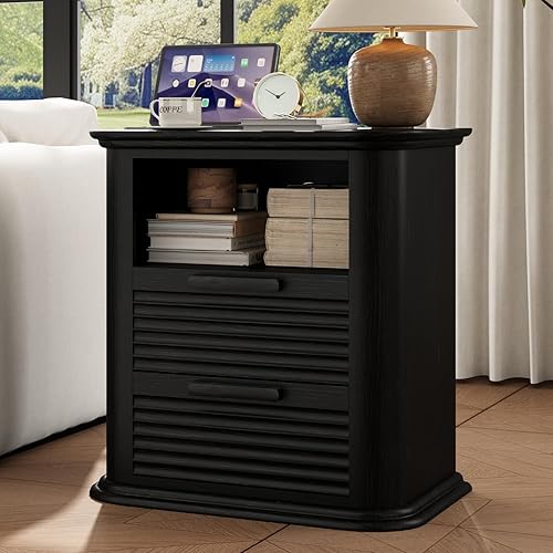 Mesita de noche acanalada de 22 pulgadas con estación de carga, mesa auxiliar moderna con 2 cajones y almacenamiento abierto, mesita de noche de