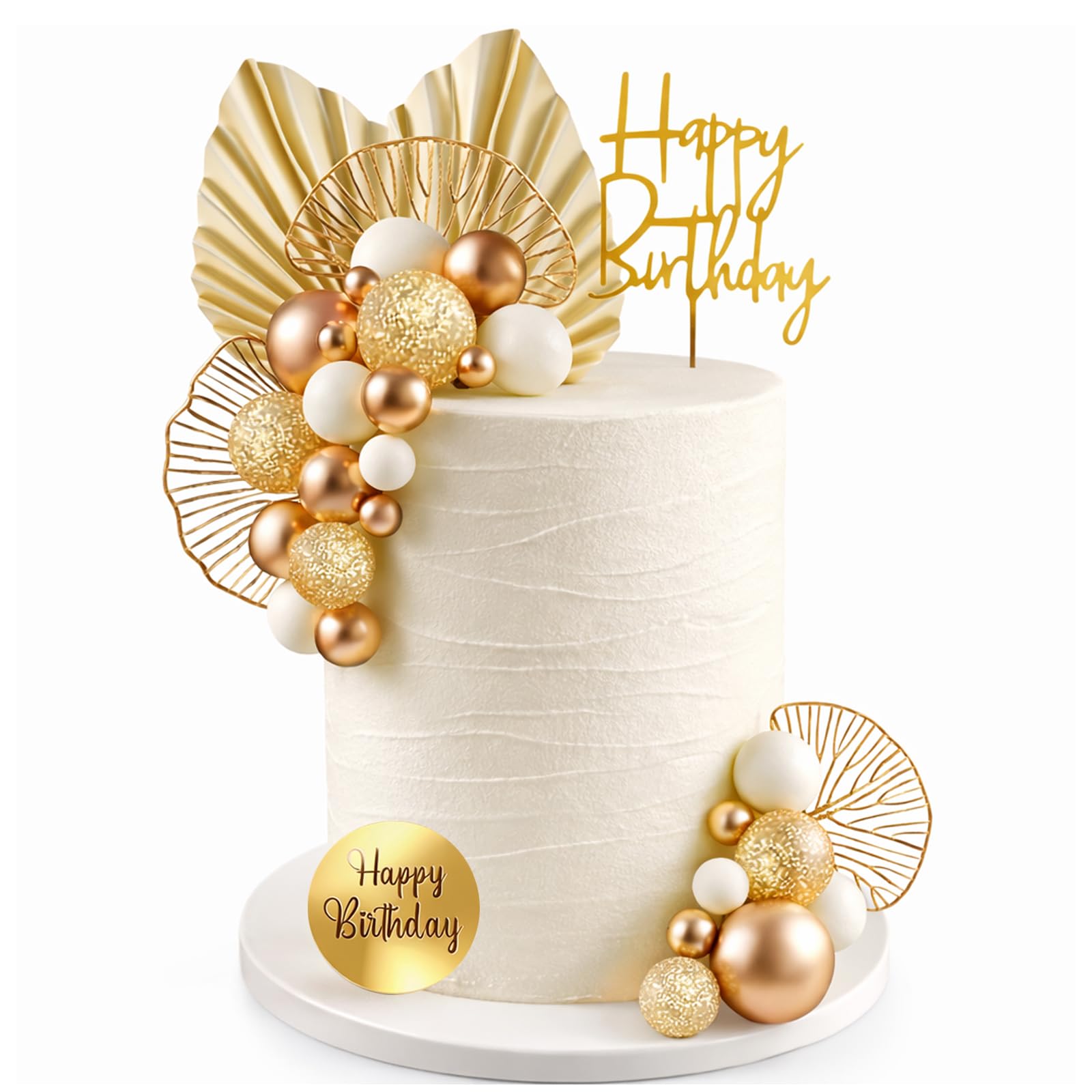 29PCS Gold Cake Decorations, Foam Balls Cake Decor, Cake Toppers, Ginkgo Leaf Palm Leaves Fan Cake Toppers, Gold Balls for Cake Decorating, Cake Topper Baby Shower Birthday Party Decor, Wedding