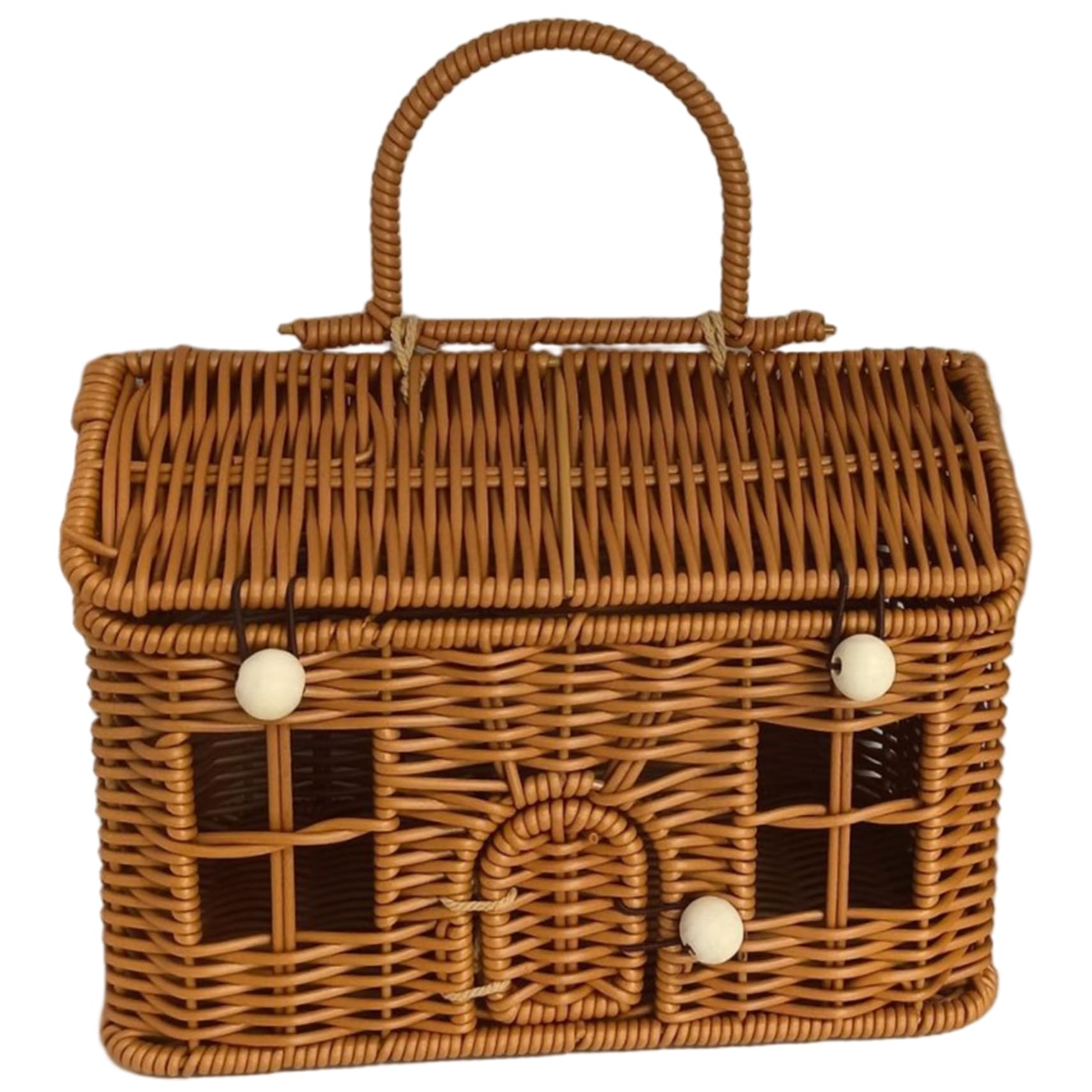 Garden Harvest Basket, 9x6x5.5 Inch House Shaped PP Rattan Picnic Basket with Lid & Handle, Button Closure Wicker Suitcase for Organizing, Storage, with Handle, Picnic with Lid