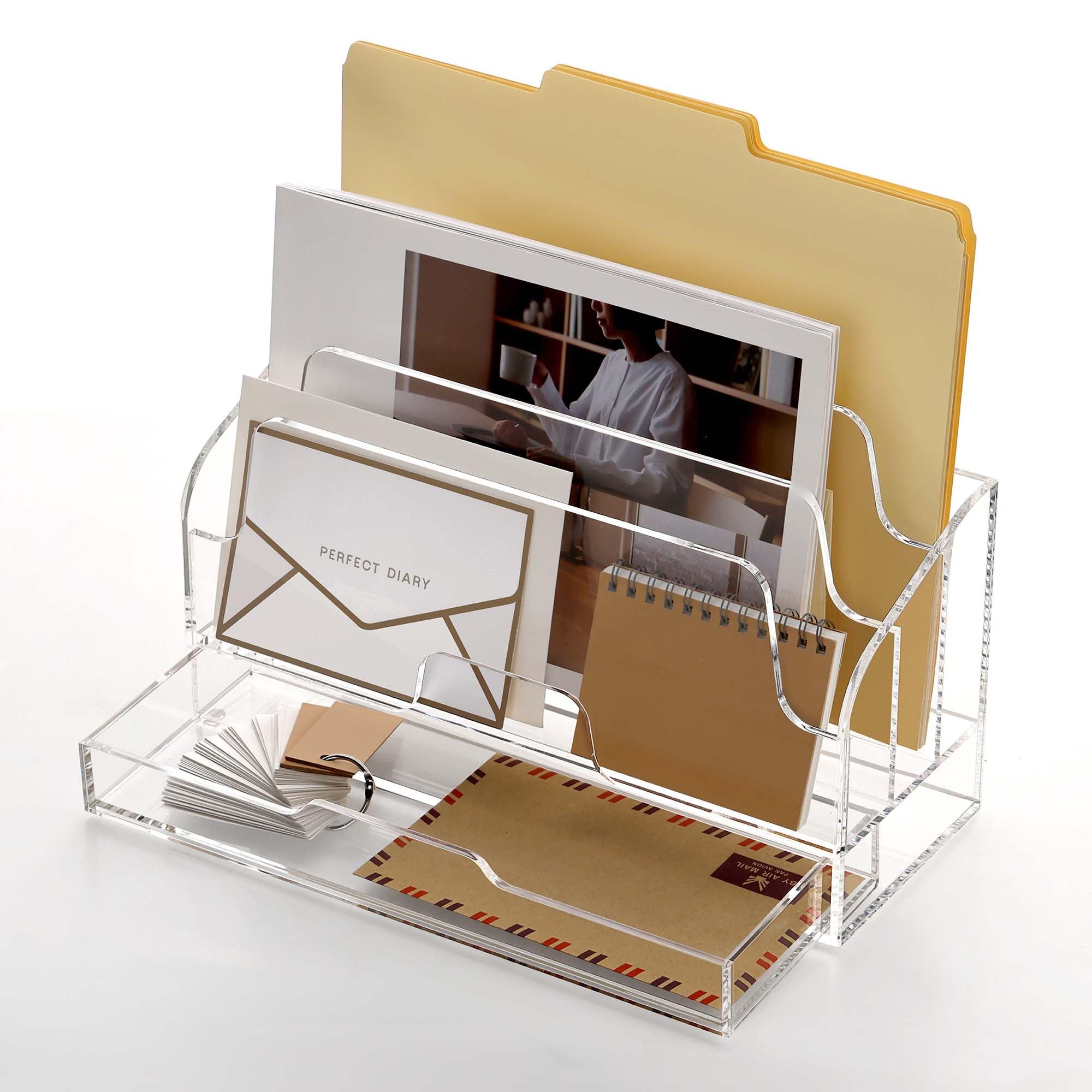 Organizer per posta in acrilico trasparente con cassetto, 4 scomparti, organizer da scrivania per cartelle Manila, forniture per ufficio, banconote e lettere, elegante portaoggetti da tavolo per casa