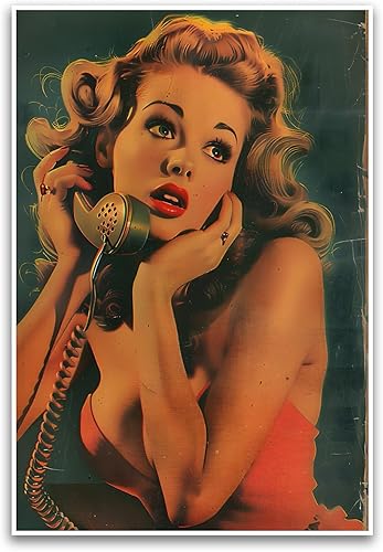 FHJP2059 - Póster retro vintage para niña, arte de pared de estilo clásico de los años 50, dama glamorosa con teléfono, perfecto para decoración del