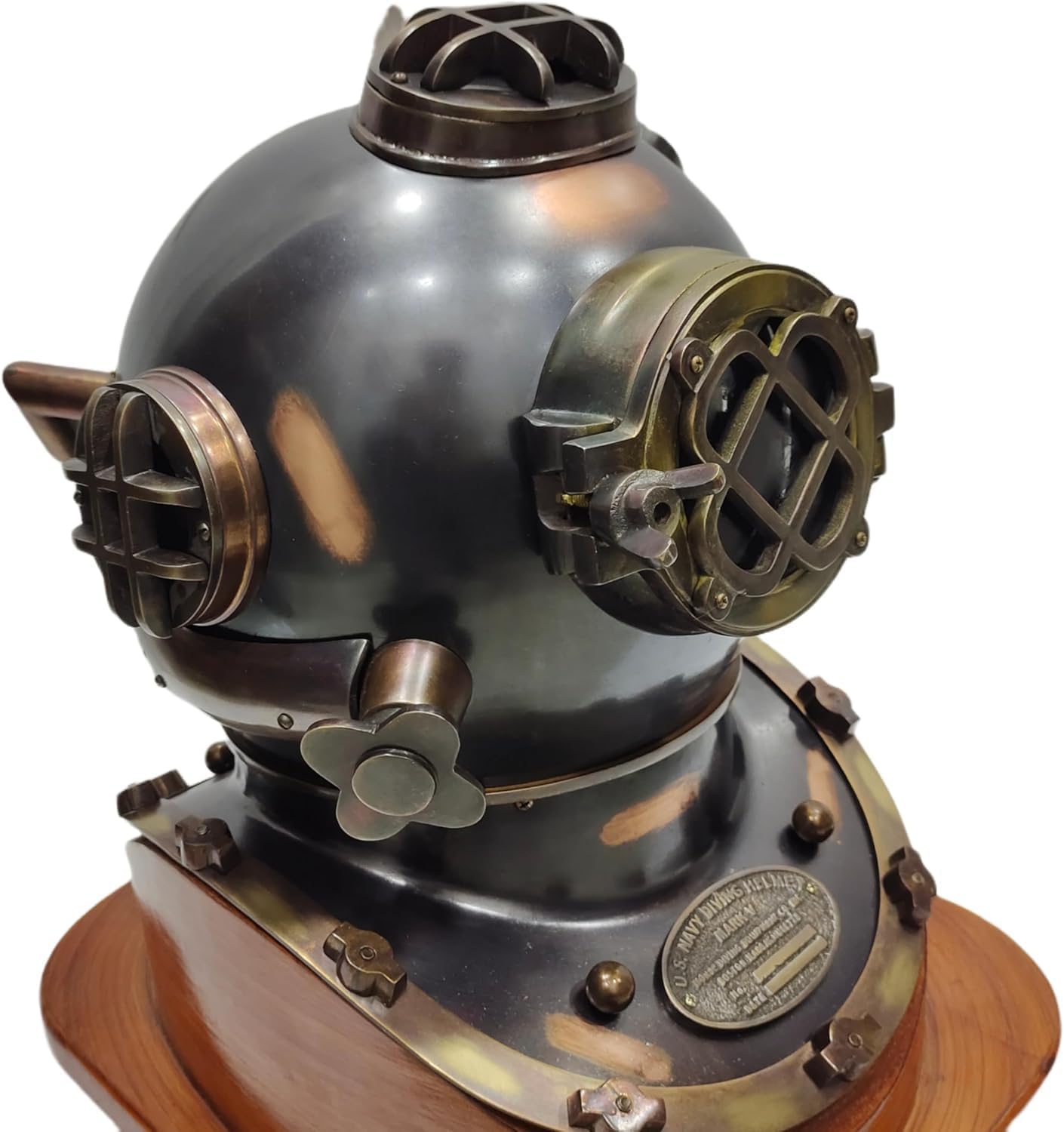 Vintage Full Size Antique U.S Navy Brass Divers Diving Helmet Mark V Deep with Wooden Base sea Scuba Gift
