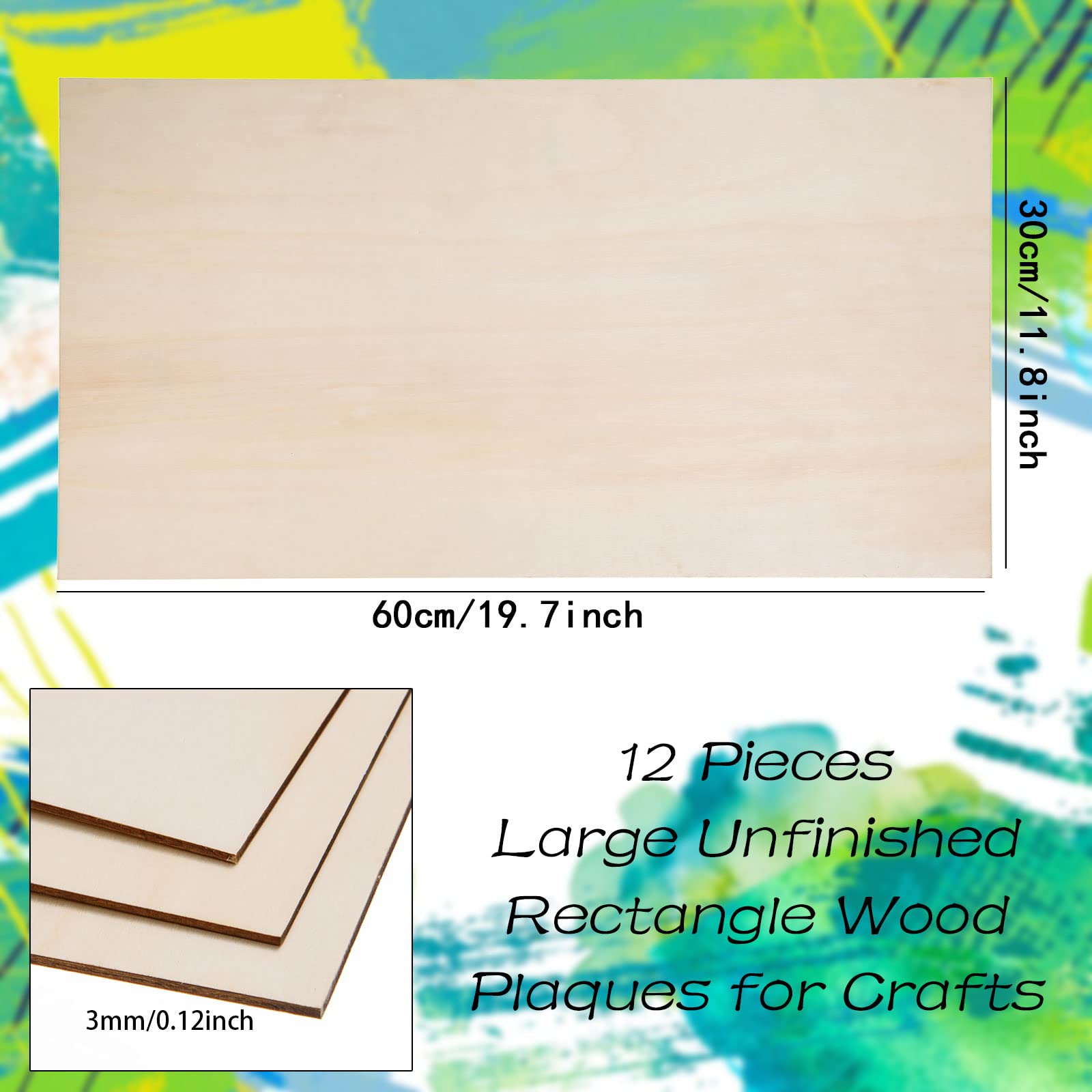 Puikos 12 Pack Colored Plywood Sheets - 12x12x1/8 Inch, Acrylic Coated Basswood For Laser Cutting & Crafts