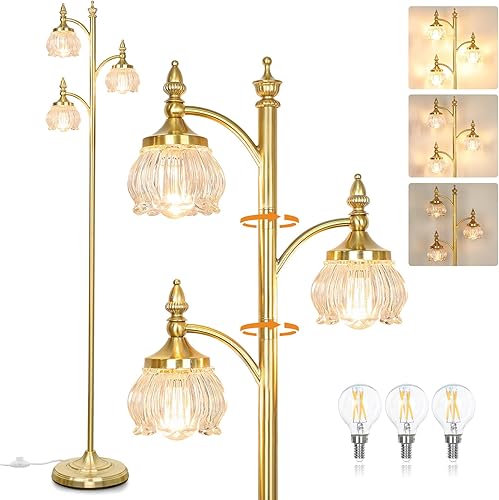 Miniatura 11 de Lámpara de pie negra para sala de estar, lámpara de pie alta, regulable, con 3 luces giratorias, pantalla de cristal, lámpara de esquina moderna