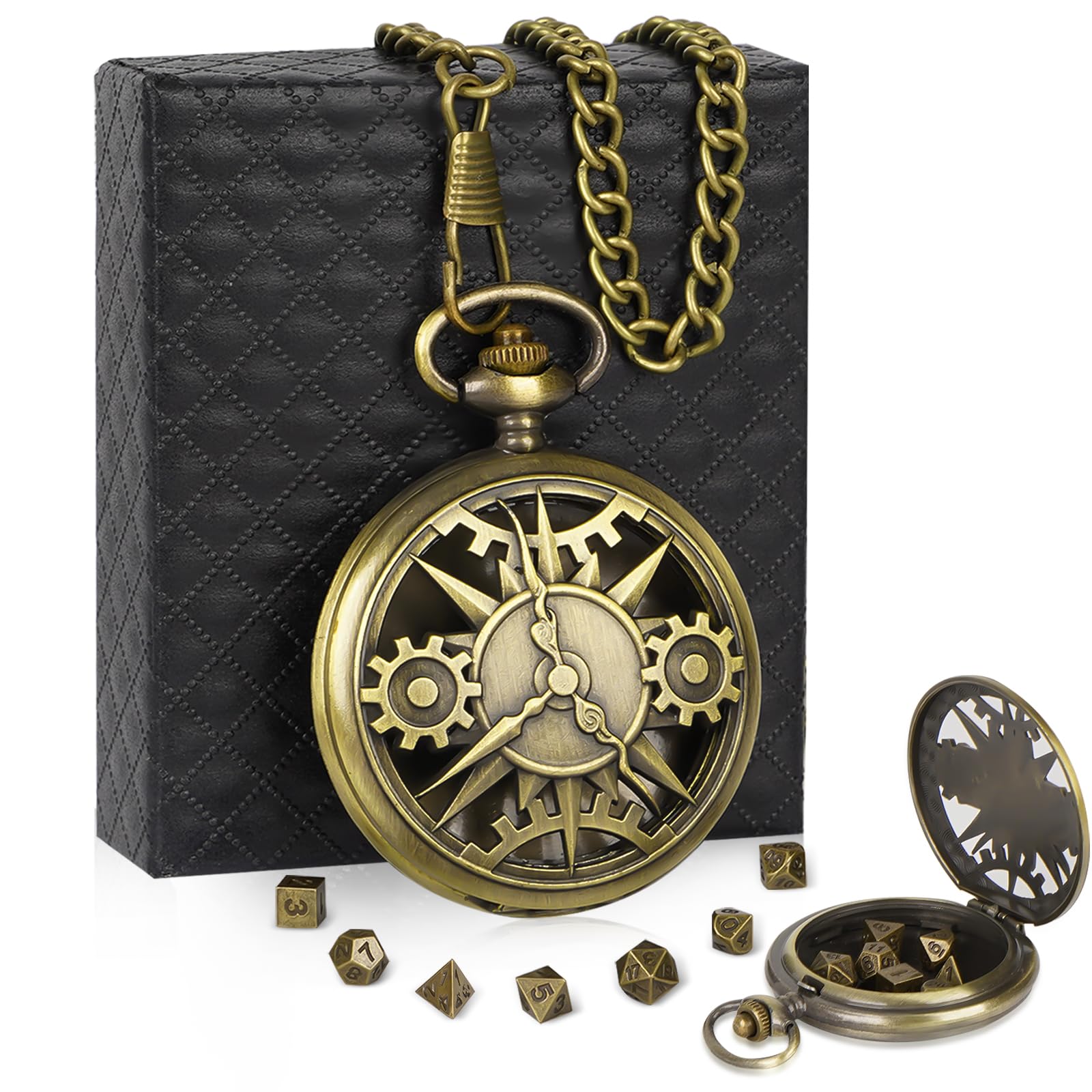 Dados de rol, 7 Piezas Mini Juego de Dados DND Dados Poliedricos con Caja de Reloj de Bolsillo Steampunk, Juego de Dados D&D, Dados Metal, para Dungeons Dragons RPG MTG D20 D12 D10 D% D8 D6 D4