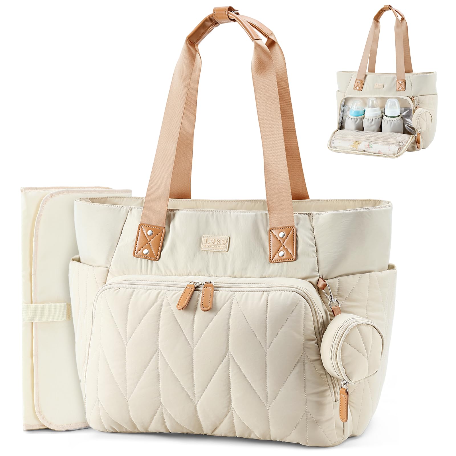 Lekesky Diaper Bag Tote - Lightweight Puffy Baby Diaper Bags, Large Tote Travel Hospital Bag for Labor Delivery (Beige)