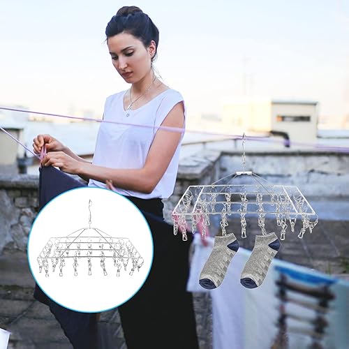 Miniatura 4 de LIFKOME Estante de ropa plegable para ropa de secado de ropa de los clips resistentes de acero inoxidable para uso doméstico