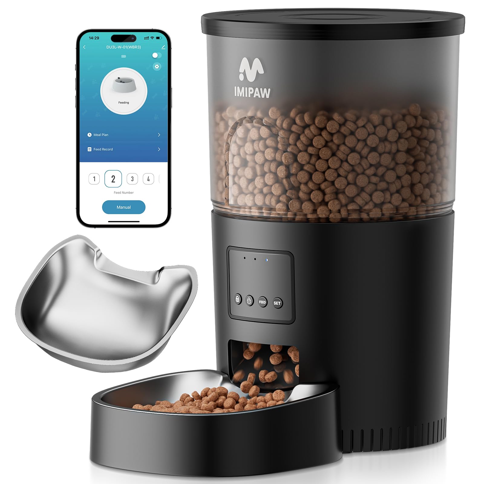 IMIPAW Automatic Cat Feeder, 5G WiFi Food Dispenser with APP Remote Control, Pet Dry Food Smart Feeder, Programmable Timed Feeding, Dual Power Supply, 1-10 Meals, Desiccant Bag, Stainless Steel Bowl