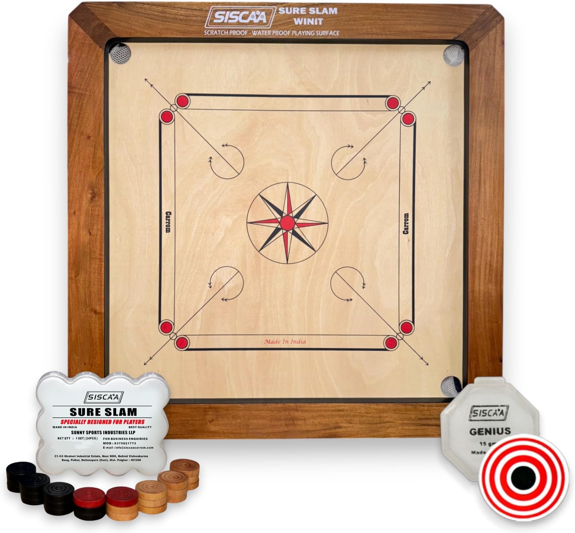 Sportz Saga Siscaa Winit Sureslam Carrom Board Full Size 35 Inch | Premium Fast Indian 29x29 Inch Ply | Includes Genius Striker, Coin Set, Top Cover, Powder | Perfect for Champions