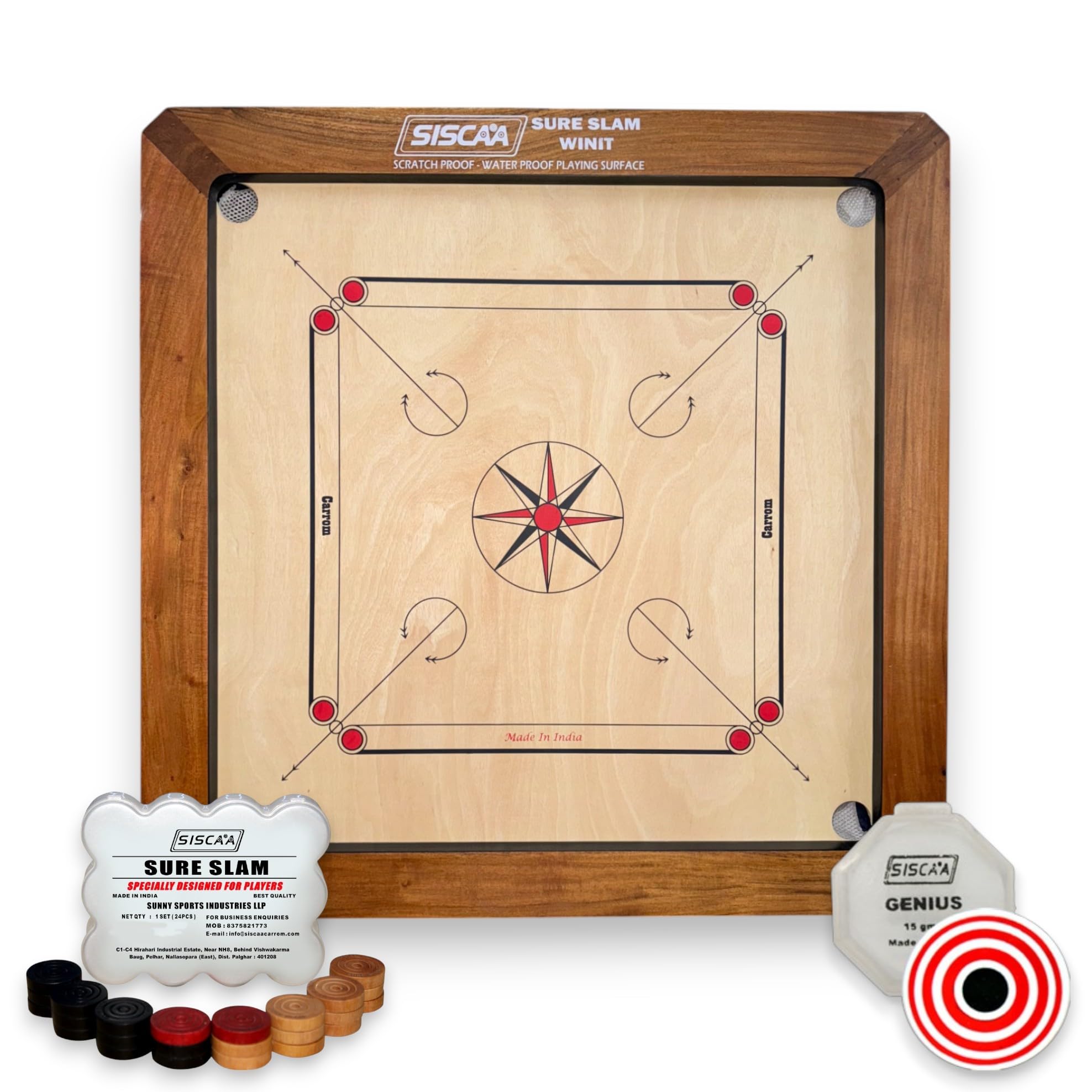 Sportz Saga Siscaa Winit Sureslam Carrom Board Full Size 35 Inch | Premium Fast Indian 29x29 Inch Ply | Includes Genius Striker, Coin Set, Top Cover, Powder | Perfect for Champions