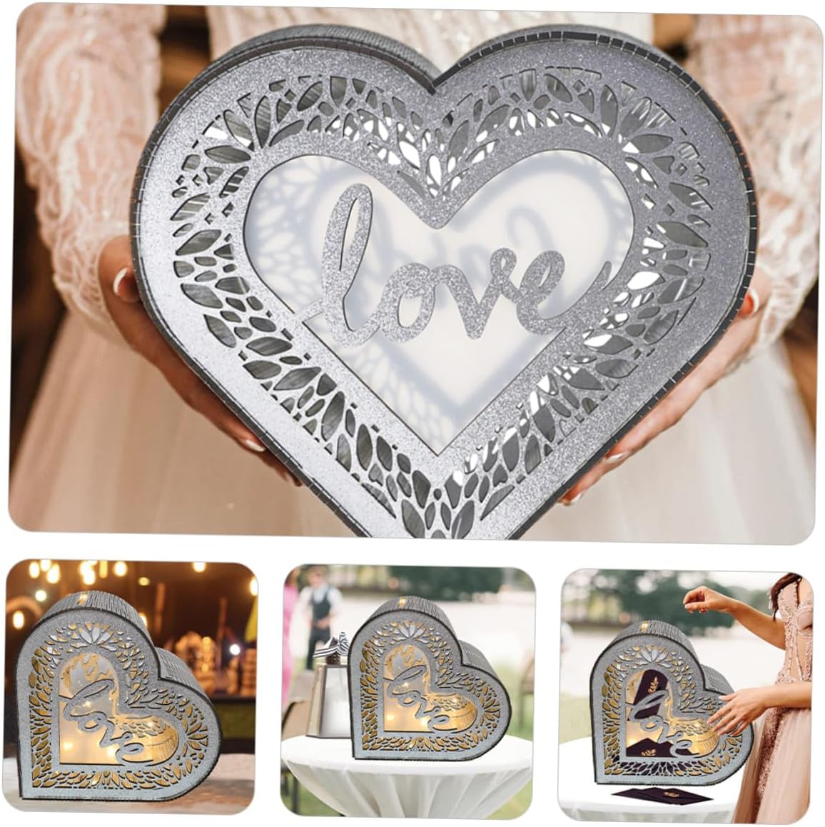 Wooden Hollow Heart Card Box Glitter Finish Wedding Anniversary Greeting Card Storage Organizer for Birthday Party and Valentine’s Day Decorations