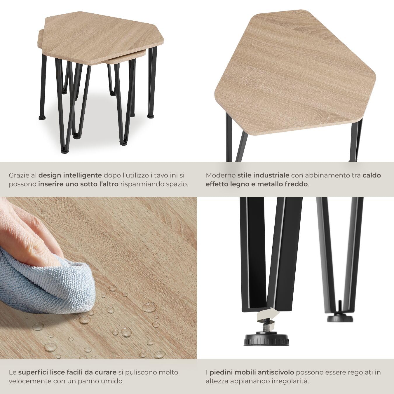 tectake 801115 Set tavolini Torquay, Piedi in plastica regolabili in altezza, Facile da curare (Industriale legno chiaro, rovere Sonoma)