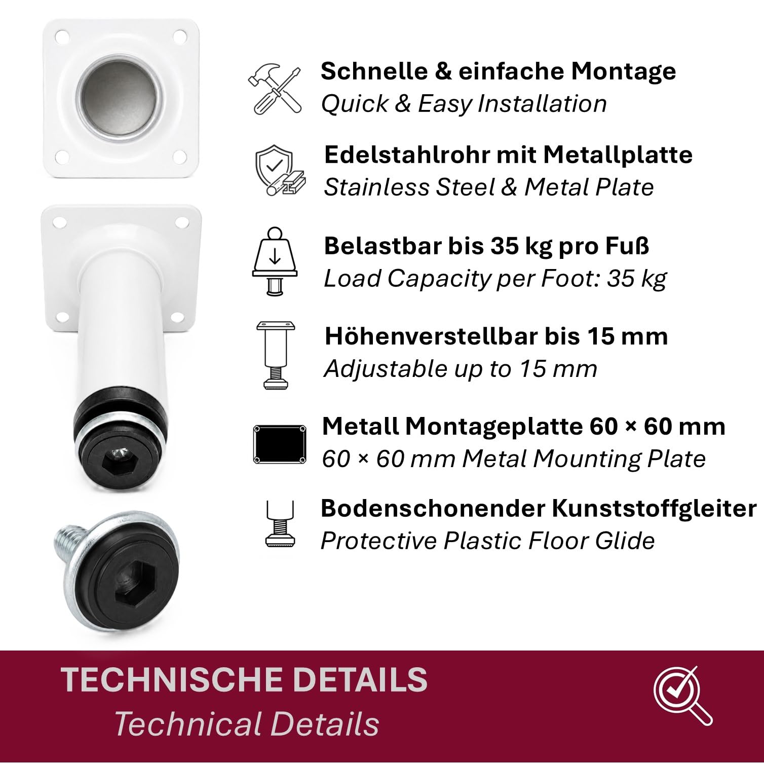 Nóżki meblowe ze stali nierdzewnej, białe, matowe, 80-200 mm, z regulacją wysokości, okrągłe nogi meblowe – regulowane nóżki do szafy, komody, szafki pod telewizor – do 35 kg na nóżkę, do wyboru
