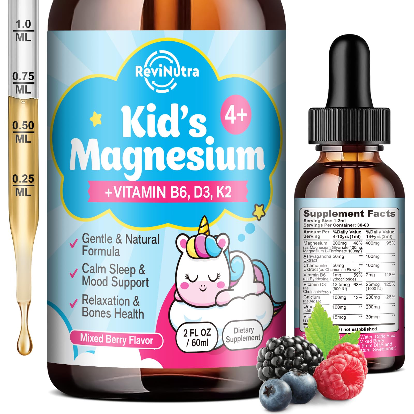 Kids Magnesium Glycinate Liquid Drops with Omega-3, Ashwagandha, Vitamin B6, D3, K2, Calcium &amp; Chamomile - Magnesium Drops for Kids Sleep, Calm, Focus, Brain &amp; Mood - Mixed Berry Flavor