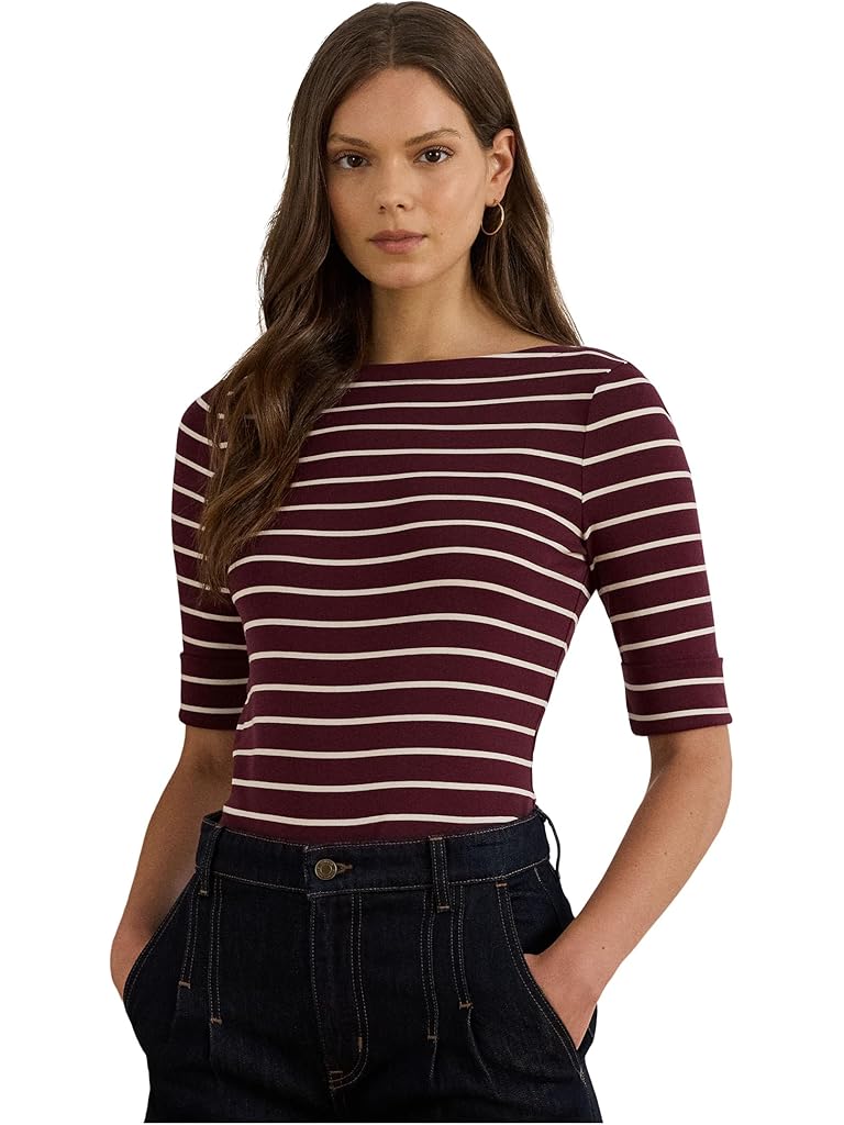 Red Lauren Ralph Lauren Striped Stretch Cotton Boatneck Tee