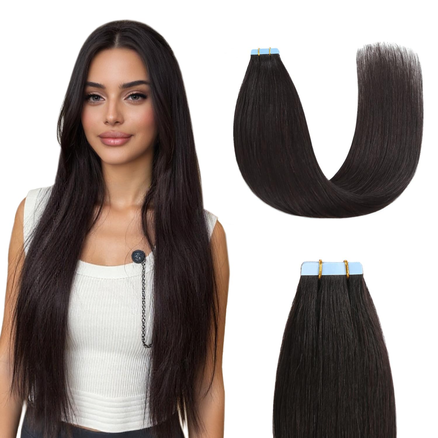 Sunya Tape in Extensions Echthaar Natürliches Schwarz Klebeband in Echthaar verlängerungen Klebstoff Tape Extensions Echthaar Invisible Glatte Skin Weft Tape in Hair Extensions 45cm 20 Stück 50g/Pack