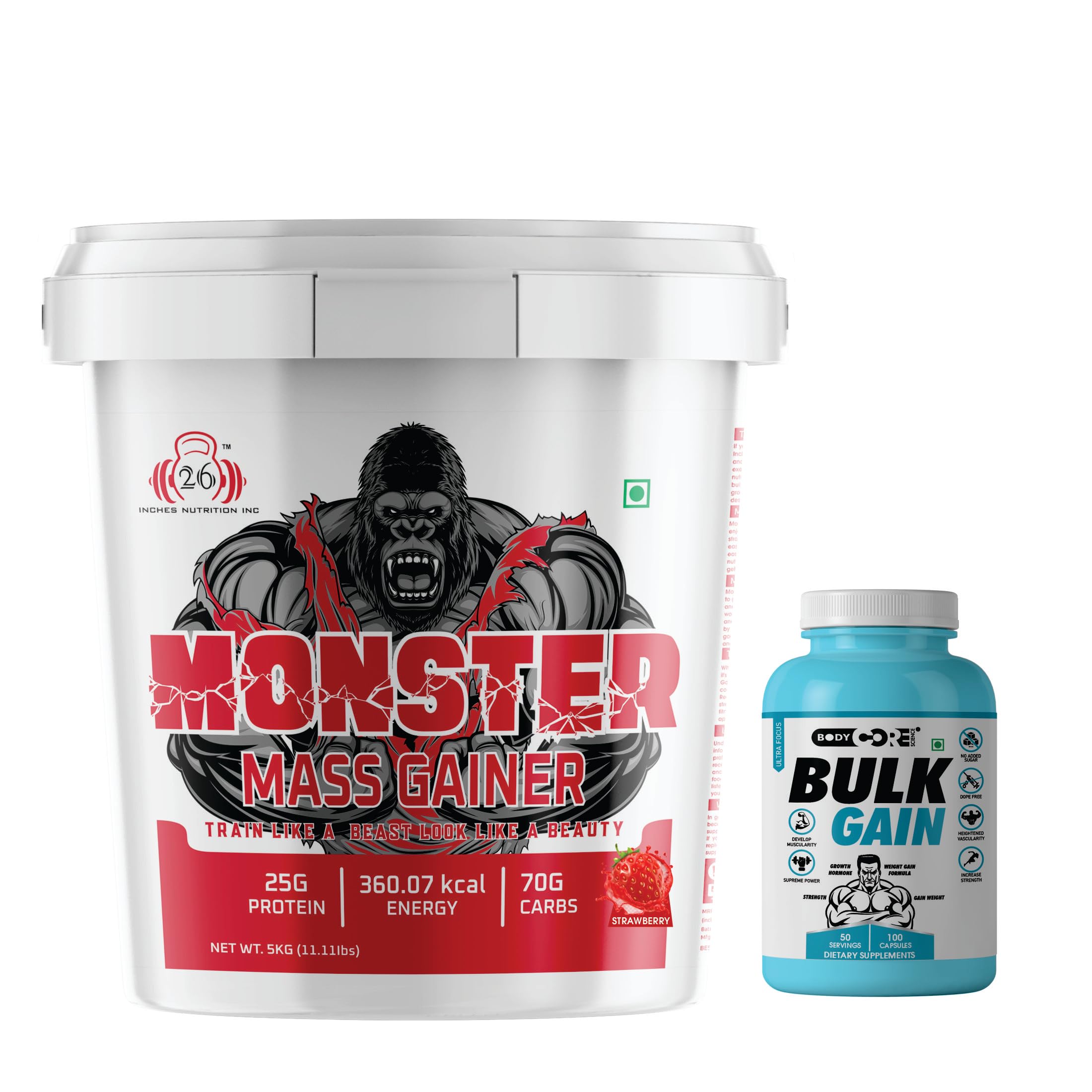 Titile 26INCHES NUTRITIONS INC Monster Mass Gainer-5Kg with BCS Bulk Gain-100 Capsules (Strawberry)