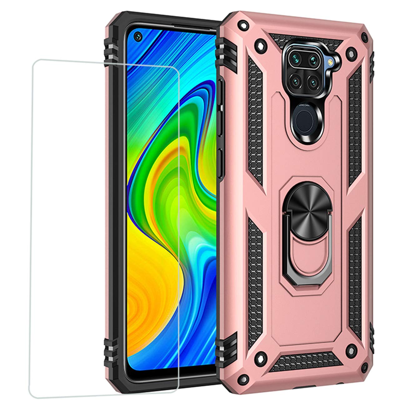 Joytag compatibles para Funda Xiaomi Redmi 9，Carcasa +Cristal Templado Silicona TPU 360 Grados Anillo Giratorio magnético Soporte Caja del teléfono del Coche-Negro — view 49