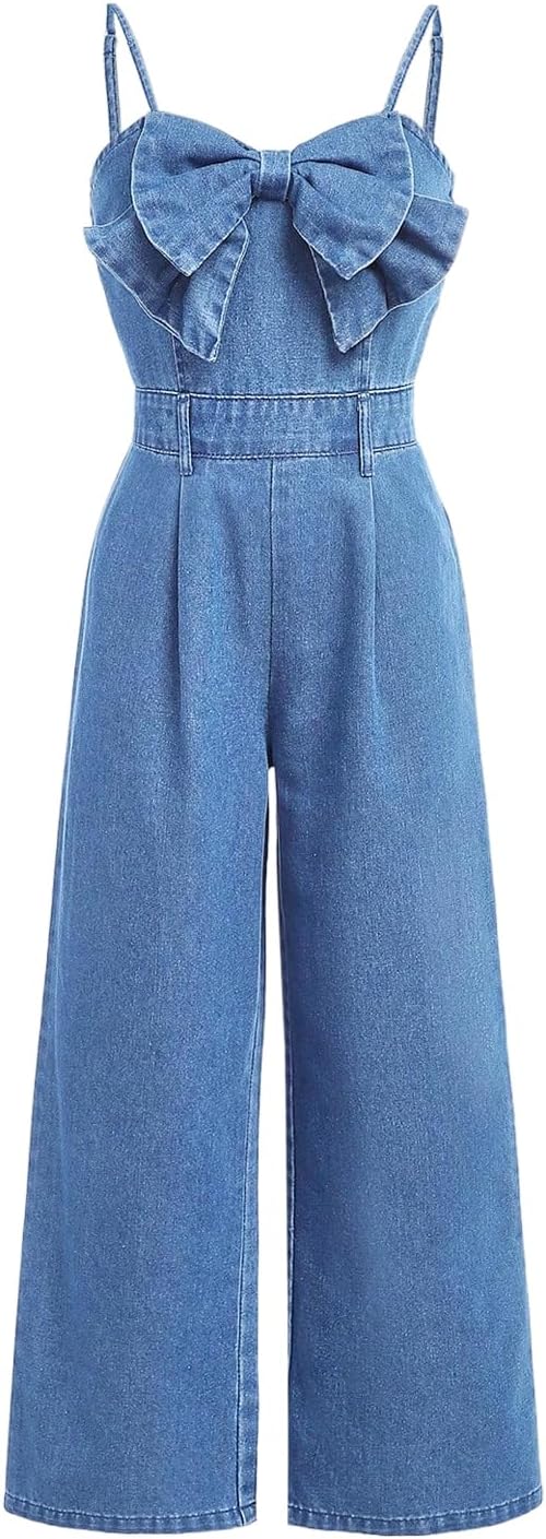 Floerns Girl's Bowknot Sleeveless Overall Denim Jumpsuit Kids Baggy Jeans Pants