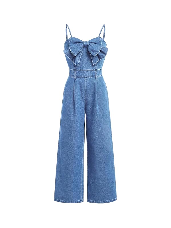 Floerns Girl's Bowknot Sleeveless Overall Denim Jumpsuit Kids Baggy Jeans Pants Light Blue 11Y by Floerns - Used condition - US$39.08