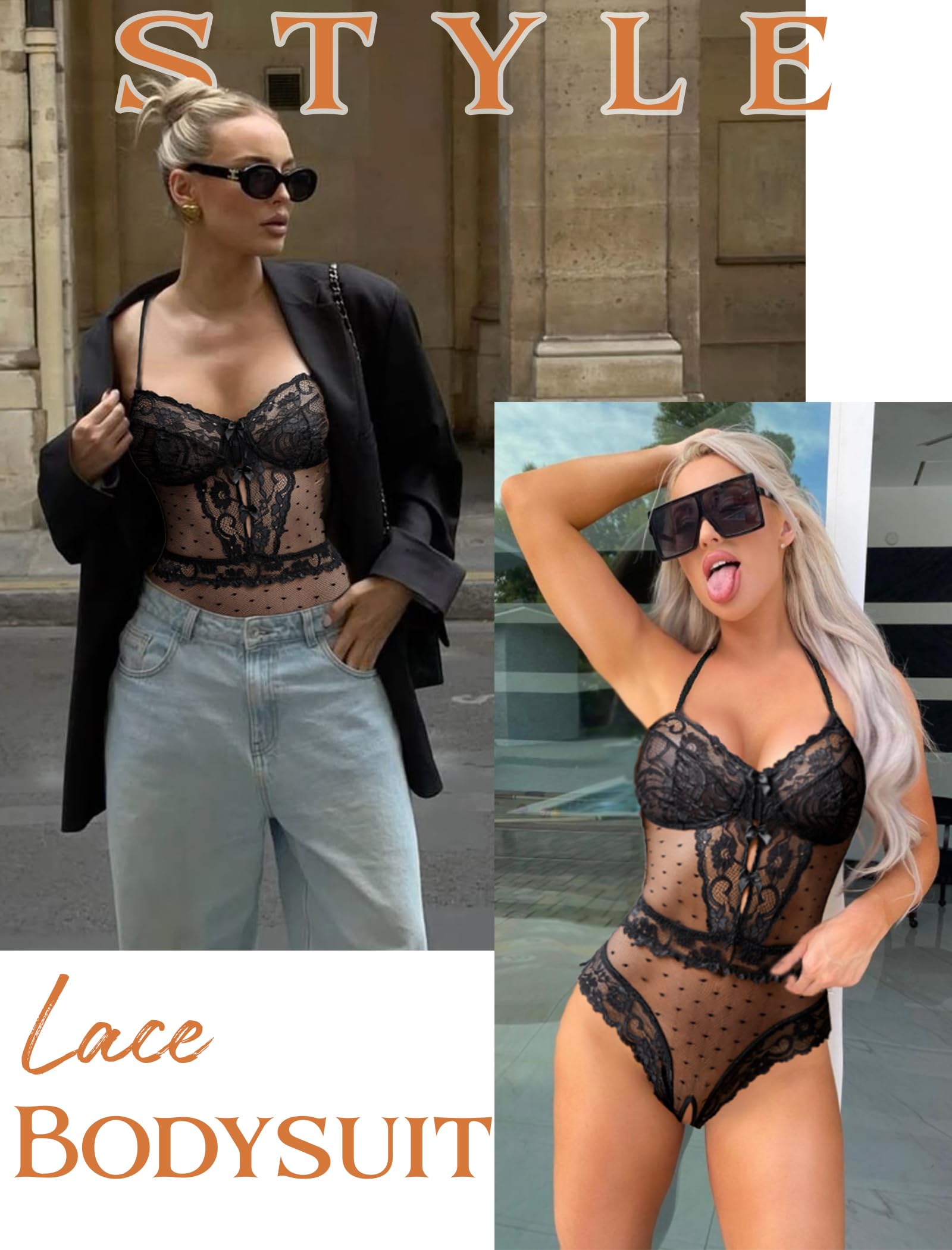 Avidlove Women Sexy Lingerie Sheer Lace Bodysuit V Neck Teddy Lingerie One Piece Mini Babydoll: Black Large