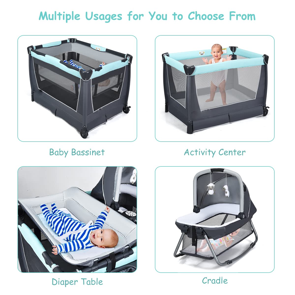 LIFEZEAL 4 en 1 Lit Parapluie Bébé avec Matelas à 2 Niveaux, 0-36 Mois, Lit Bébé Pliable en Tissu Oxford, Charge de 15 KG, Berceau Bébé avec Table à Langer, 2 Roues avec Freins (Vert)