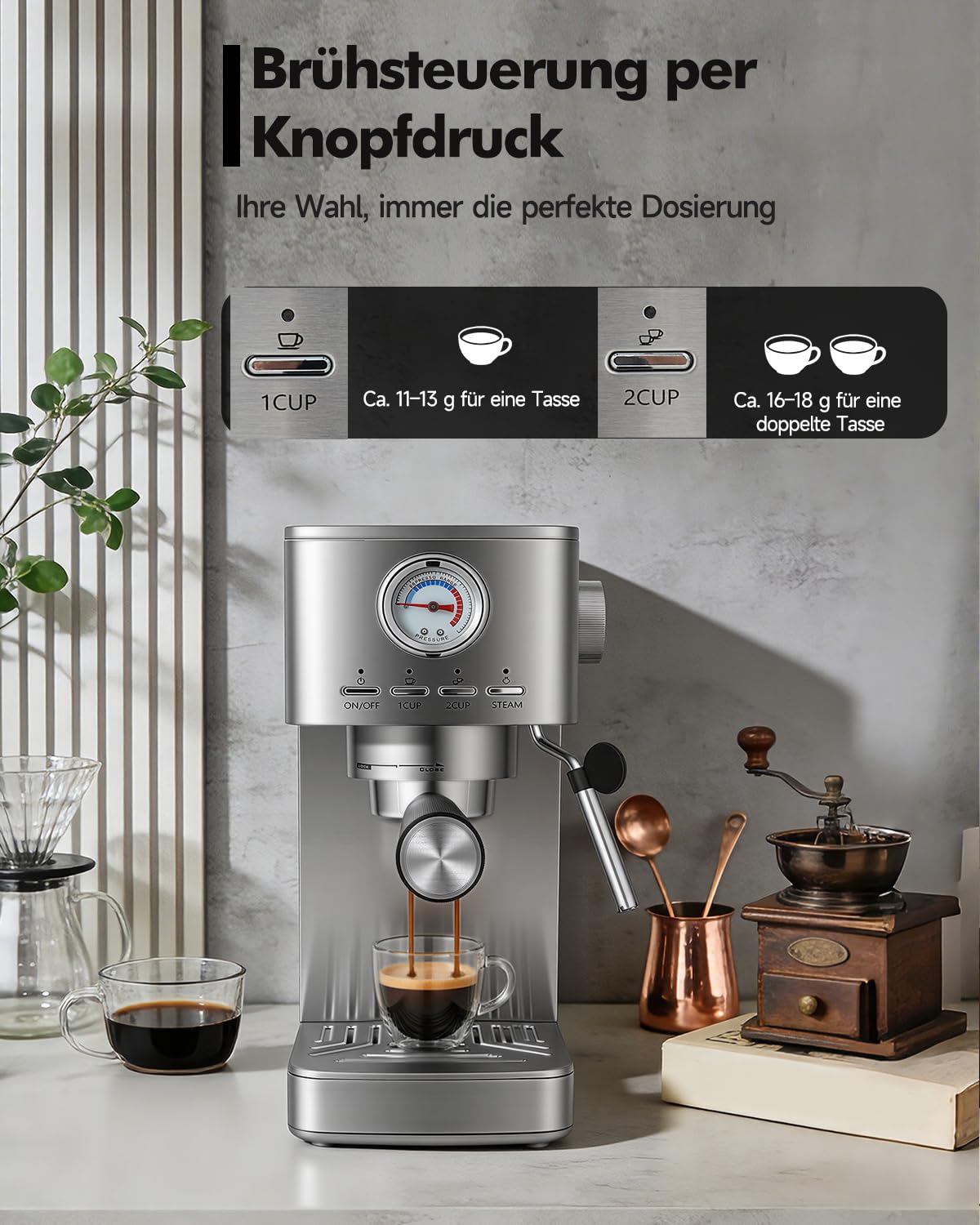 HAUSPROFI Siebträgermaschine Espressomaschine 15 Bar Manometer 1,4L Wassertank Kaffeemaschine Silber