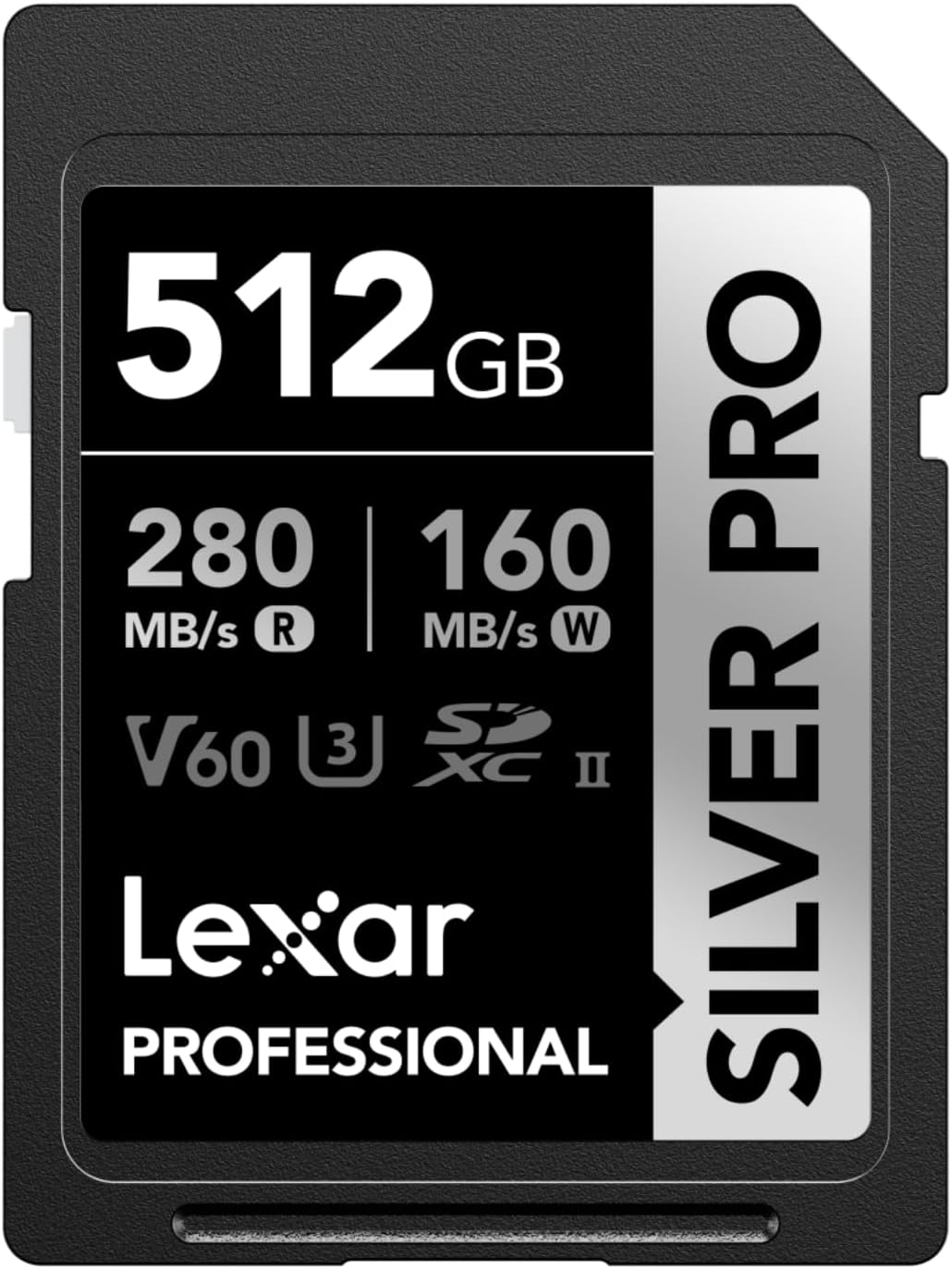 Lexar Silver PRO SD Card 512GB, UHS-II SD Memory Card, V60, U3, C10, Up to 280MB/s Read, 160MB/s Write, SDXC Card for DSLR/Camera/Professional Photographer/Videographer/Enthusiast