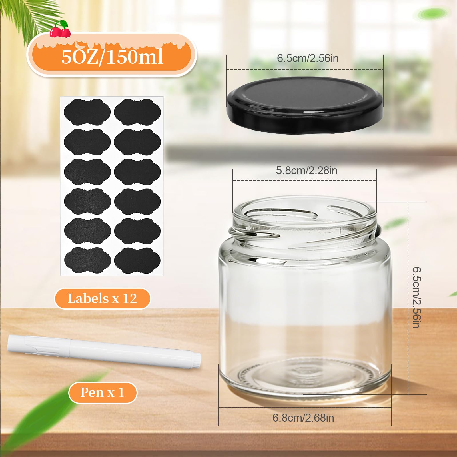 12 Set Barattoli di Vetro 150ml con Coperchio, Vassetti Piccoli Con 12 Etichette & Pennarello Ideali per Marmellata, Miele e Bomboniere