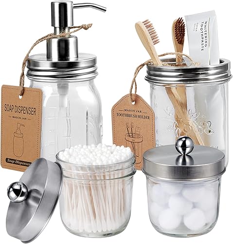 Miniatura 8 de Amolliar Mason Jar - Juego de accesorios de baño de 4 piezas, dispensador de jabón de loción y 2 soportes Qtip y soporte para cepillos de dientes,