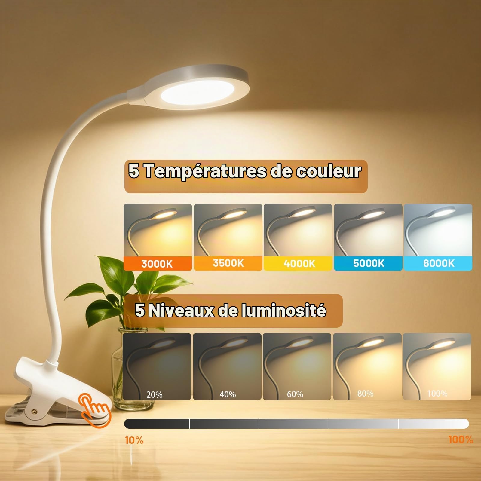 Akynite 36 LED Lampe de Lecture Rechargeable avec Pince, 5 Couleur et 5 Intensité, Lumière de Lit, Lampe Pince Tactile & Dimmable pour Enfants, Blanche