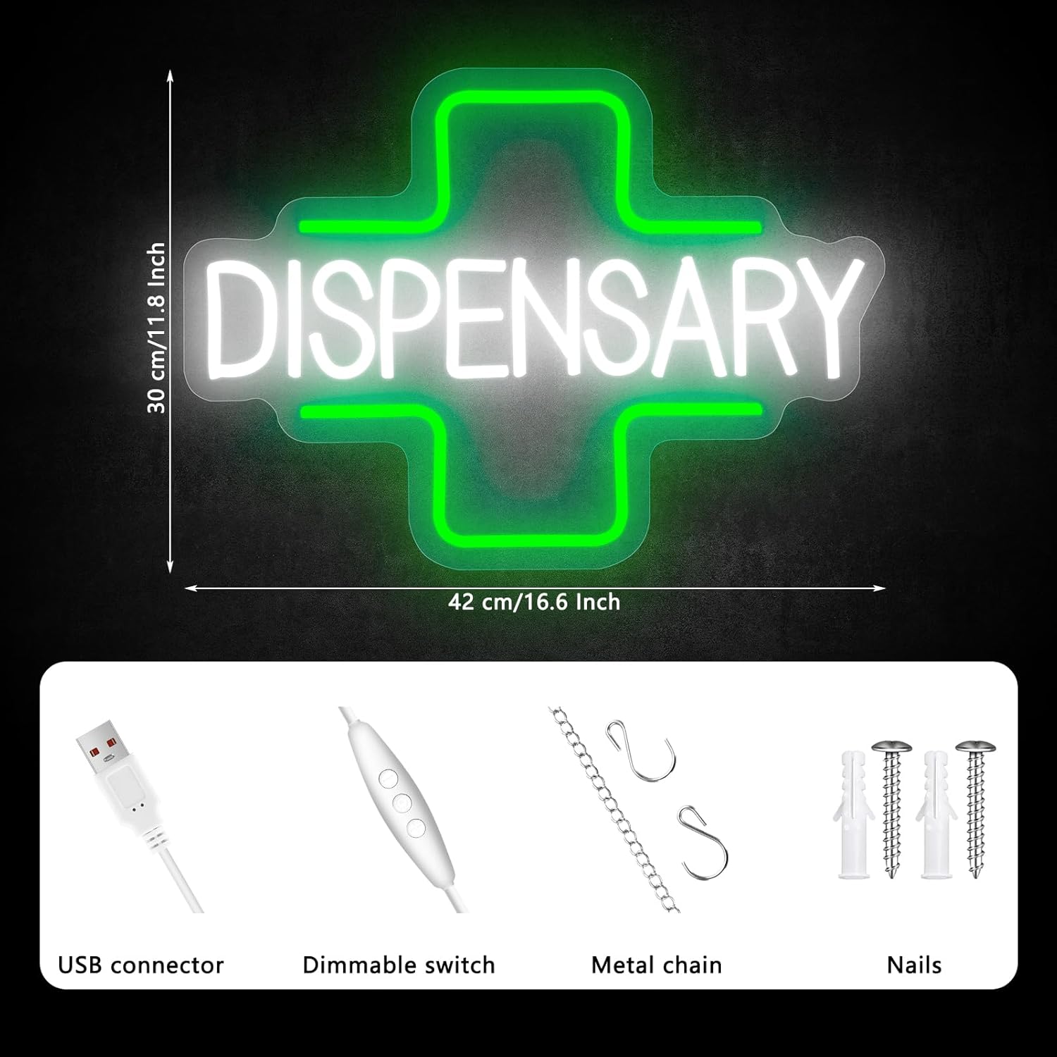 Dispensary Neon Sign, Green Cross Neon Signs for Wall Decor, Dimmable Led Signs for Shop, Light Up Signs for Bedroom Home Store Man Cave Club Pub Party Decorations