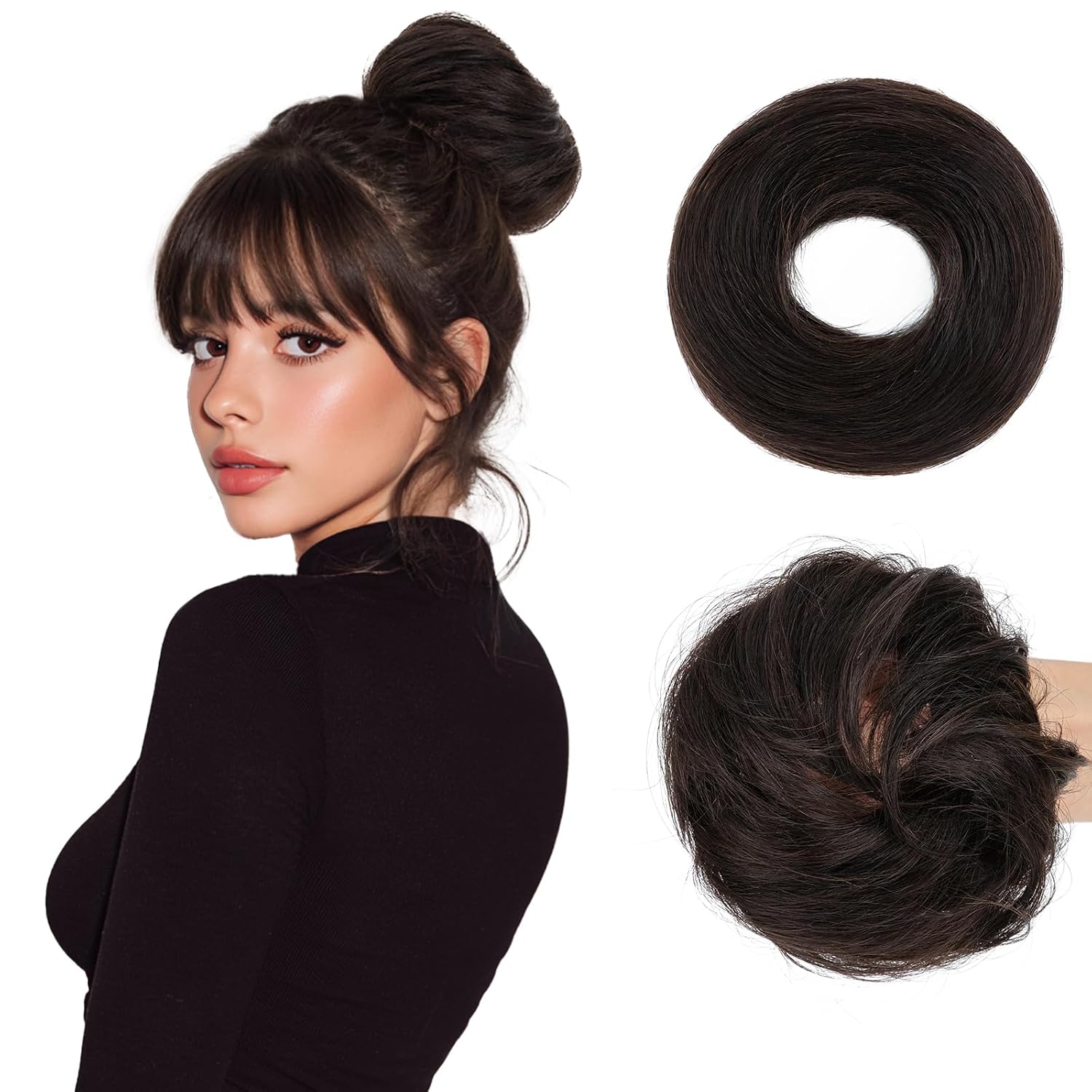 Human Hair Messy Bun Hair Piece Real Scrunchies Layered Fluffy Straight Natural Black Hair Bun Ponytail Extensions for Women Girls-30g,#1B